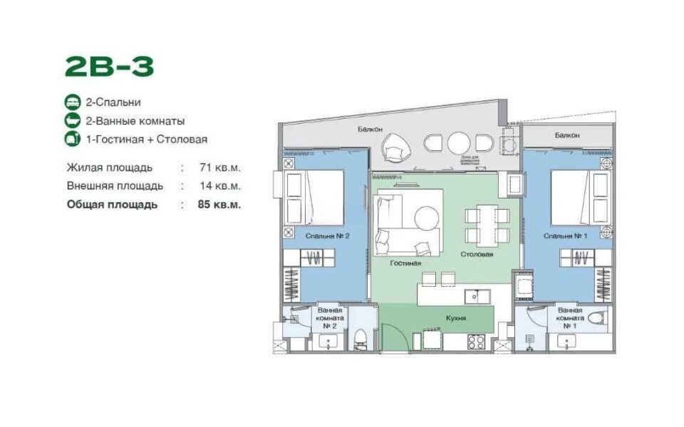 SkyPark Elara, 2к Квартира, 85 м2, корпус 2, Пхукет, Бангтао